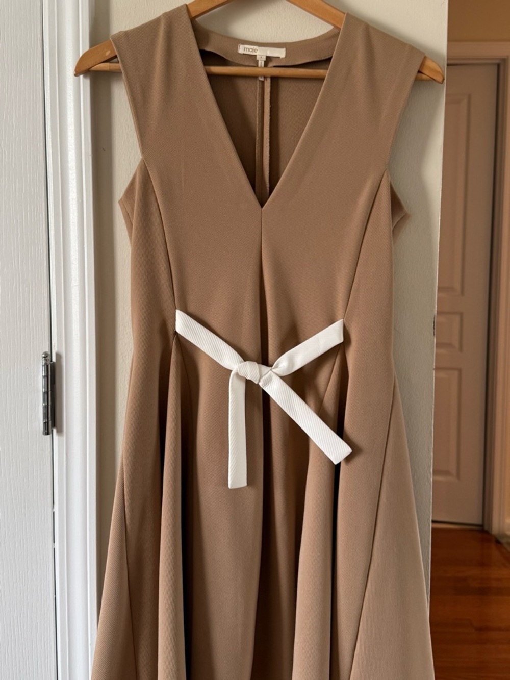 Maje Taupe Midi Dress with White Waist Tie